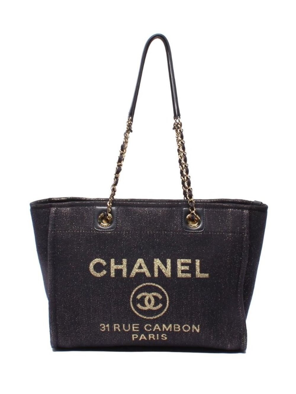 Chanel Tote Shoulder Gold Mixed Fiber Deauville MM